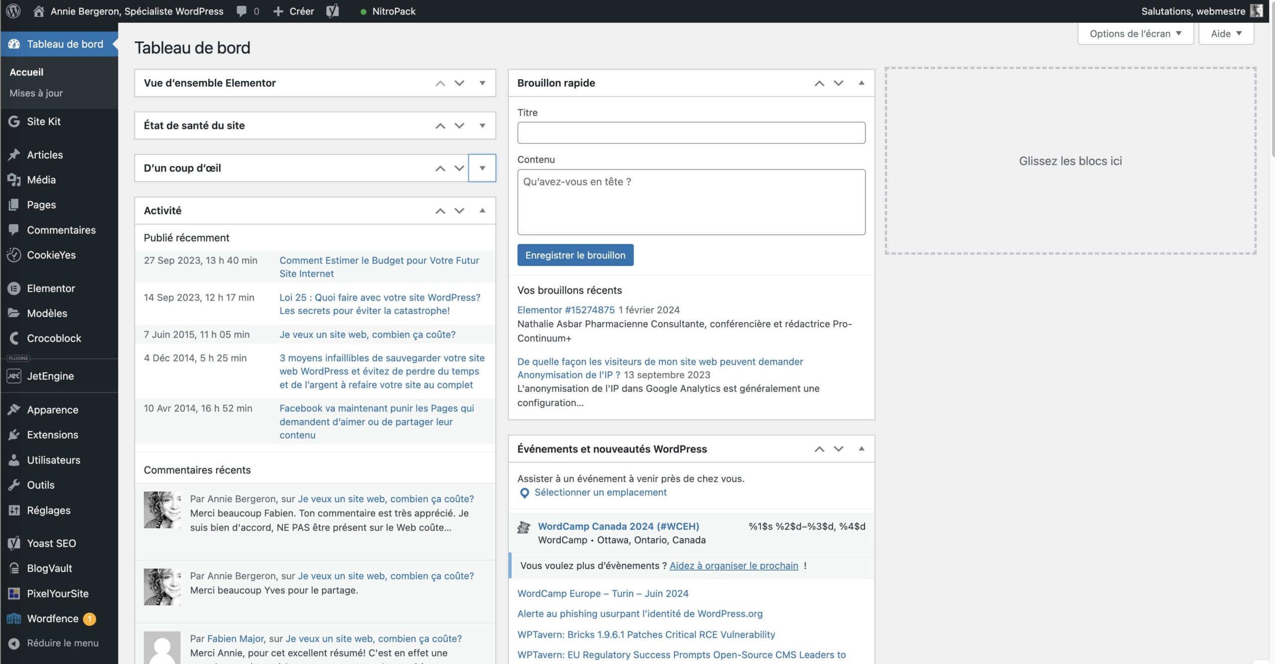 Tableau de bord WordPress